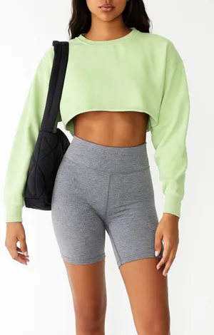Aritzia TNA‎ Cozy AF Fleece Cropped Raw Hem Pullover Sweatshirt Green Size 2 XS thumbnail 1