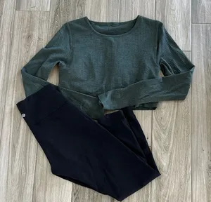 Lululemon Ebb to Street Green Ribbed Crop Top with Black Leggings bundle thumbnail 1