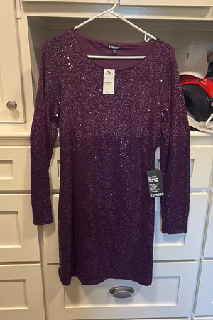 Express purple sequins long sleeve tie waist dress thumbnail 1