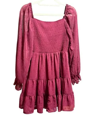 Altar’d State Women’s Vibrant Burgundy Babydoll Tiered Long Sleeve Dress Sparkle thumbnail 2