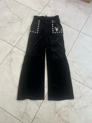 NWT PLAYBOY X Missguided Black Velour Studded Wide Leg Pants Size Small thumbnail 2