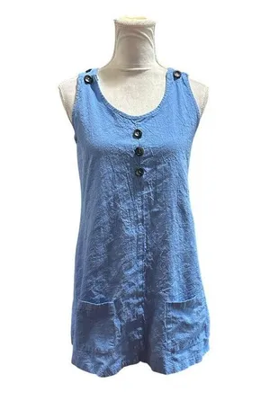Casual Loose A Line Sleeveless Blue Button Detail Tunic Dress With Pockets Sz M thumbnail 8