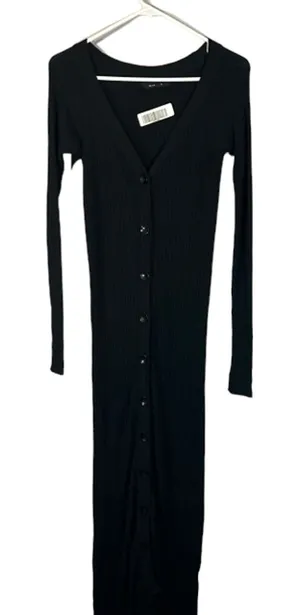 Olivaceous Black Ribbed Textured Long Sleeve Button Front Maxi Dress Women Sz S thumbnail 1