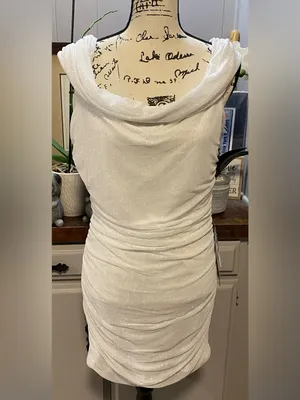 NWT B. Darlin Junior’s Off-Shoulder Glitter White Mesh Ruched Bodycon Dress thumbnail 2