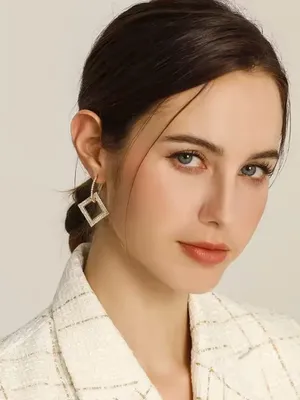 Elegant Gold tone Square Drop diamond paved small hoop Earrings thumbnail 3