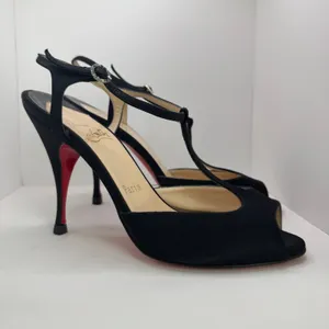 Y2K Christian Louboutin Ernesta Black Satin T-Strap Peep Toe Heels EU 37 thumbnail 16