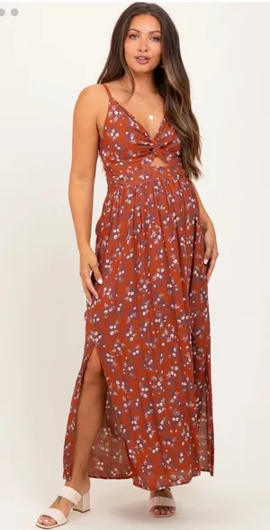 Pinkblush Rust Floral Maxi Dress with Twist Front thumbnail 1