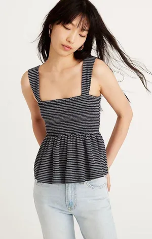 Madewell Texture & Thread Smocked Peplum Tank Top in Stripe thumbnail 1