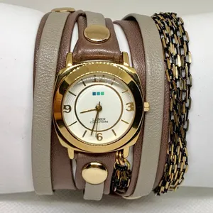 La Mer Collections Double Wrap leather band Gold Tone 30mm Watch quartz running thumbnail 1