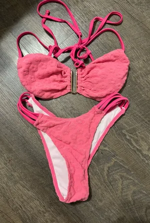 Pink Textured Two-Piece One-Piece Swimsuit thumbnail 1