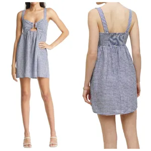 NEW Reformation Noel Gingham Linen Minidress Callah Check Navy White thumbnail 2
