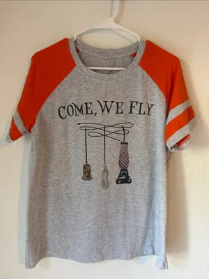 Women’s Grey & Orange Raglan Halloween Graphic Tee - "Come, We Fly" Size Ladge thumbnail 11