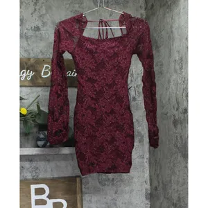 NWT Emerald Sundae Glitter Lace Bodycon Open Back Mini Dress Dark Red 2XS thumbnail 4