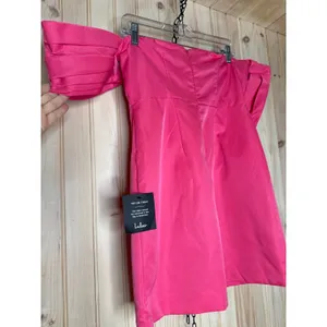 NWT Lulus Totally Haute Hot Pink Satin Pleated Off-the-Shoulder Mini Dress Sz M thumbnail 6