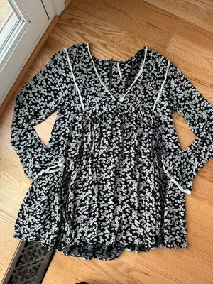 Free People Like You Best Black Floral Bell Sleeve Mini Dress Tunic M thumbnail 3