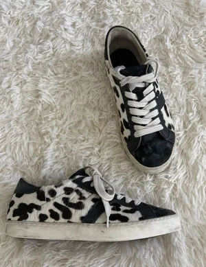 Animal‎ Print Sneakers, Black White Cow Hide Leather Upper, Fun Casual Shoes thumbnail 1