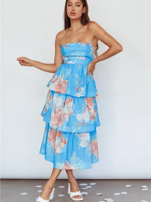 MIKA & GALA Outshine Strapless Tiered Midi Dress Floral Blue XL Midi EUC thumbnail 5