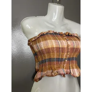 American Eagle Outfitters Tank Top Womens Small Plaid Smocked Strapless Crop thumbnail 2