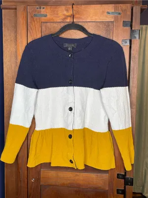 Ann Taylor Womens Colorblock Peplum Cardigan Medium Navy Mustard Preppy Mod thumbnail 3