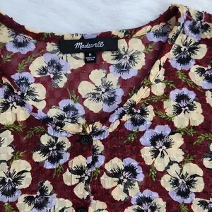 Madewell -565 Drawstring Ruffle-Hem‎ Top Blouse in Viola Floral Burgundy Medium thumbnail 5