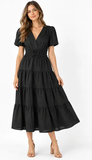 Meadow Rhodes Black Midi Dress Puff Sleeve Boho Cottagecore Prairie Coastal S thumbnail 1