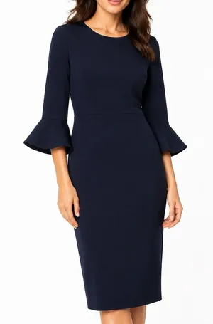 Navy Sheath Dress Women Sz 6 Connected Apparel Bell Sleeve Cocktail Work Midi thumbnail 1