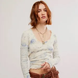 Free People We The Free Clover Thermal Size Small Ivory Blue NWT 100% Cotton thumbnail 3