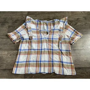 EUC Womens Madewell V‎ Neck Shoulder Ruffle Top In Plaid Short Sleeve Size L thumbnail 3