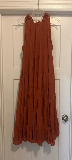 Entro Rust Orange Gauze Tie Neck Tiered Sleeveless Tank Boho Maxi Dress Small thumbnail 1