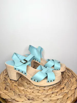 Loft Leather Platform Clog Sandals Buckle Strap Light Blue Criss cross strap thumbnail 2