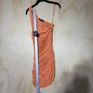 Lioness One Shoulder Ruched Mini Dress‎ Orange Shimmer Bodycon Women's Small thumbnail 6