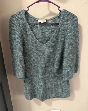 LOFT Outlet Teal White V-Neck Sweater M thumbnail 1
