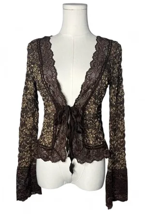 Y2K Vintage Ann Ferriday Chocolate Brown Floral Lace Tie Front Cardigan Top thumbnail 1