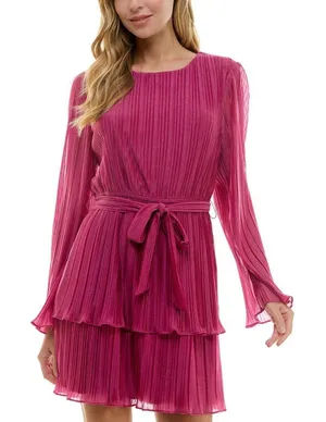 NWT City Studios Juniors Pleated Bell-Sleeve Dress 2389MZ8AT1 Magenta Pink XL thumbnail 1