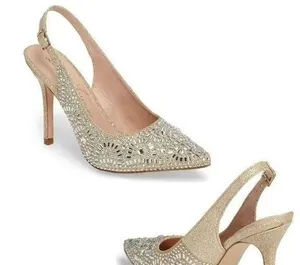 Lauren Lorraine RACHEL NUDE Gold&Cream Beaded Slingback 4 Inch Heels Size 5.5 thumbnail 1