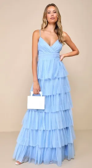 NWT Lulus Rule the Runway Light Blue Tulle Surplice Tiered Maxi Dress Gala Sz M thumbnail 1