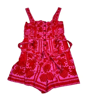 NWT Farm Rio Jungle Scarf Red Pink Linen Blend Romper Button Front Sleeveless M thumbnail 1