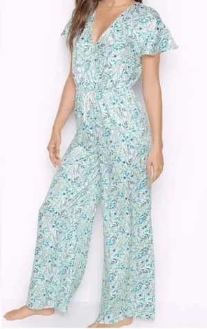 Victoria's Secret White and Blue Floral Wide-Leg Jumpsuit thumbnail 1