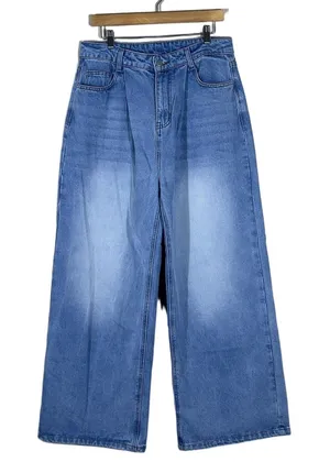 Womens High Rise Pleated Wide Leg Jeans Faded Blue Denim Trousers Size M thumbnail 1