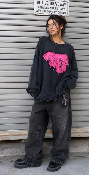 Aelfric Eden Distressed Black Pink Bow Knit Sweater XL thumbnail 1