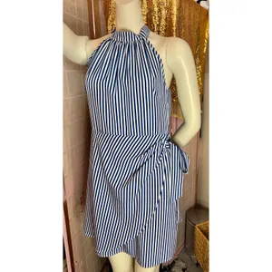 Blue and White Striped Halter Wrap Mini Dress Side Tie High Neck Nautical Summer thumbnail 10