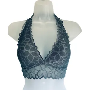 Victoria's Secret PINK Bralette Gray Lace Halter Floral Plunge Small thumbnail 1