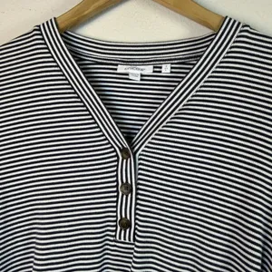 Chico's 2 Womens Large dark Navy Blue Stripe Ribbed Henley shirt cottagecore thumbnail 4
