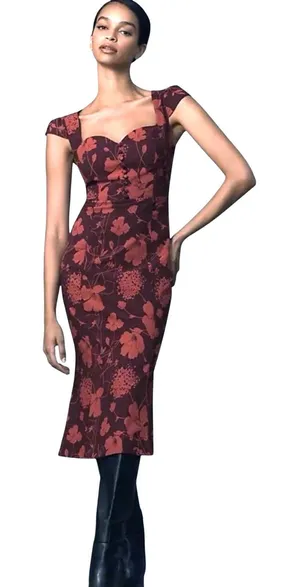 ANTHROPOLOGIE Women’s Cisely Burgundy Floral Trumpet Midi Dress thumbnail 1