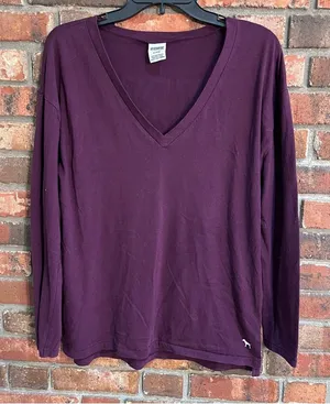 Pink womens spell out v-neck long sleeve t-shirt purple medium thumbnail 1