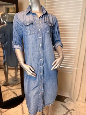 Reba 100% Tencel Chambray Denim Blue Shirt Dress Small Western Pockets Casual thumbnail 3