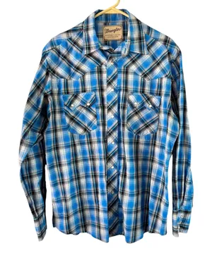 Wrangler Western Snap Shirt Plaid Long Sleeve Cowboy Blue White‎ Silver Treaded thumbnail 1
