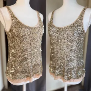 Wren 100% Silk Sequin‎ Embroidered Tank Top Champagne XS Made USA thumbnail 8