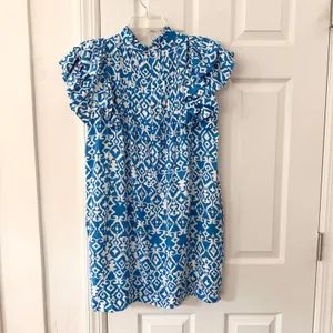 Tuckernuck Hyacinth House Blue White Simmons Ruffle Sleeve High Neck Mini Dress thumbnail 8