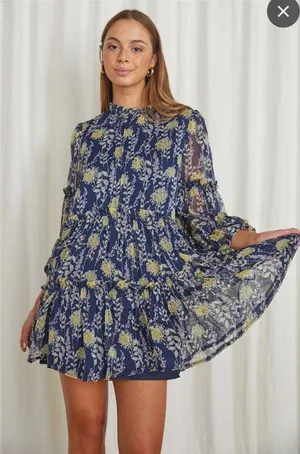 Selfie Leslie Beatrix high neck ballon sleeve Floral Navy Blue Dress thumbnail 1